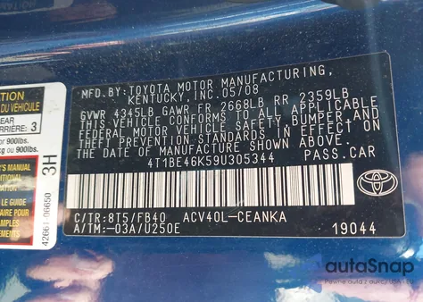 2009 Toyota Camry Le из США, поврежденный, VIN 4T1BE46K59U305344